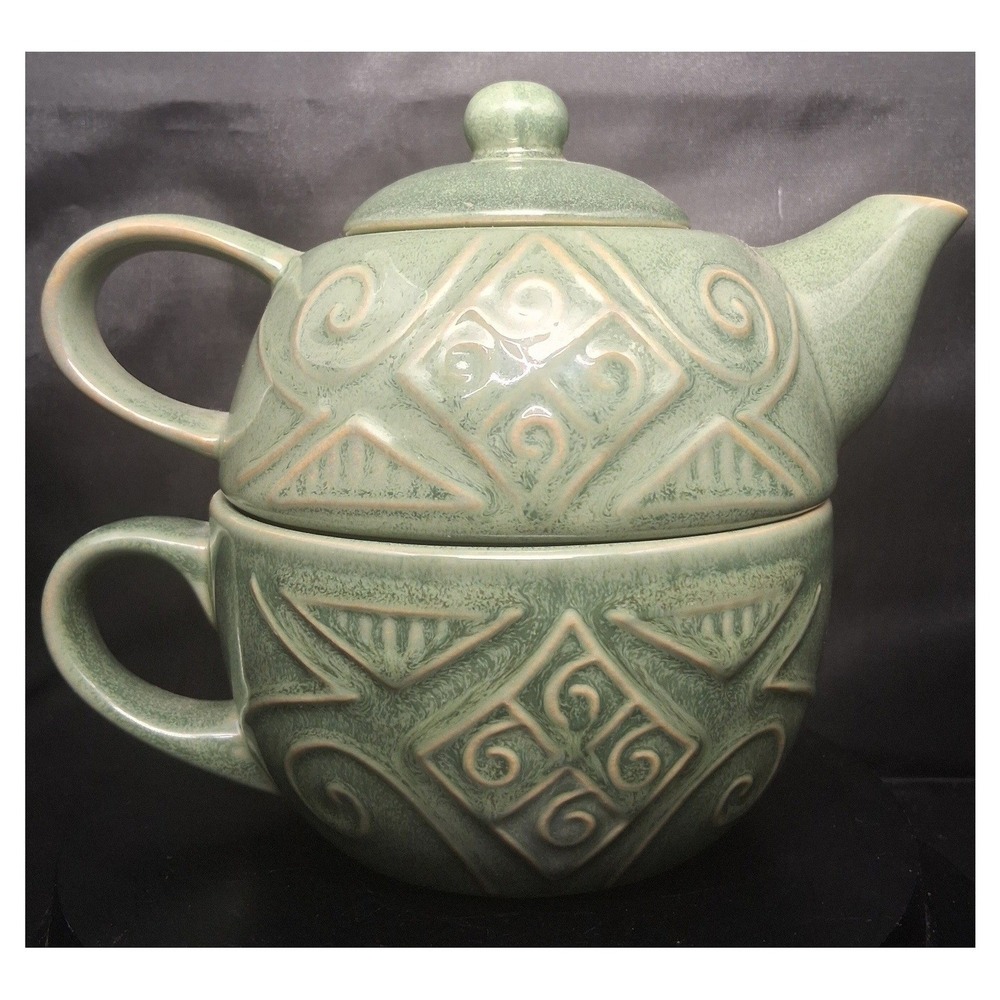 Pier 1 Imports Sage Green Stoneware Tea For One Stacking Teapot and Cup Set